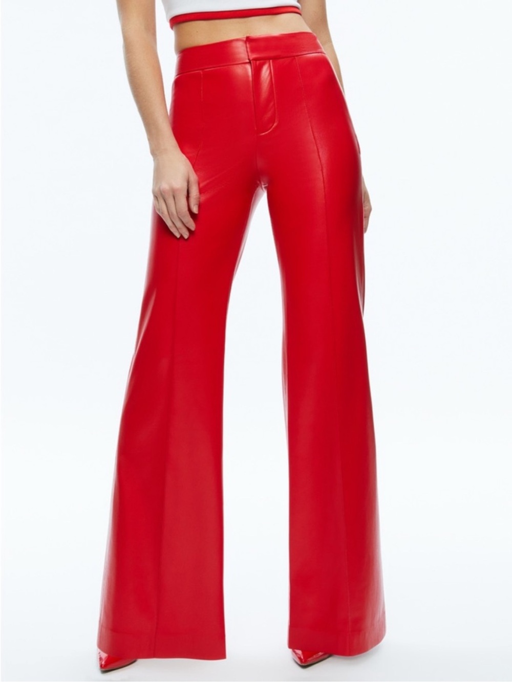 NEW NWT Alice + Olivia Dylan Faux Leather Wide Leg Pants In Bright Ruby Red